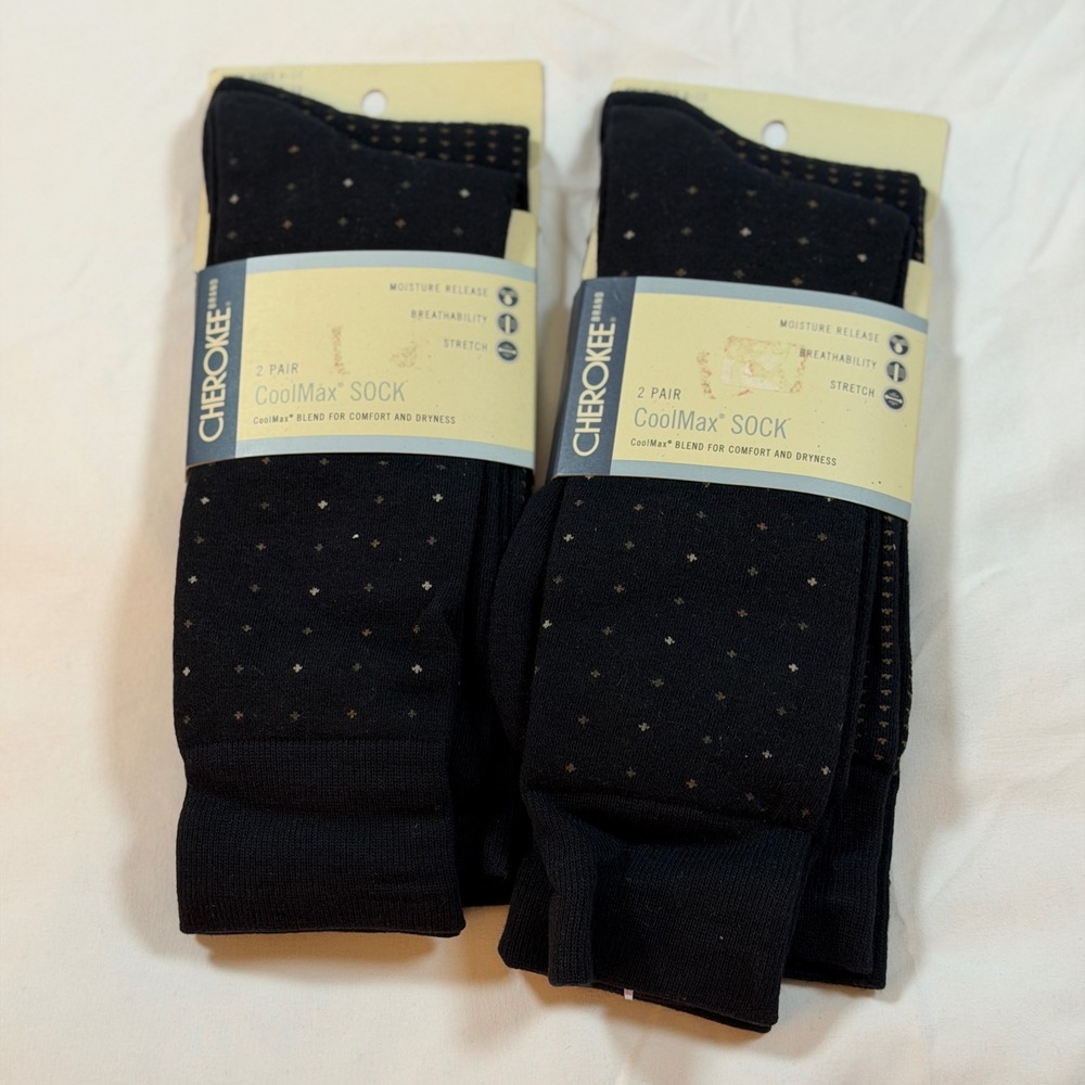 Cherokee Mens CoolMax Dress Socks 4 Pair Black Brown Dot Crew Shoe Size 6-12 NEW